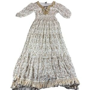 Me 2 Magic Anthropologie Boho Midi Dress Sequin Tassel Fringe White Gold Large